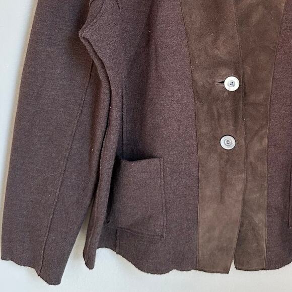 Eileen Fisher Merino Wool Lamb Leather Brown Button Jacket Pockets Size Large - Picture 3 of 9
